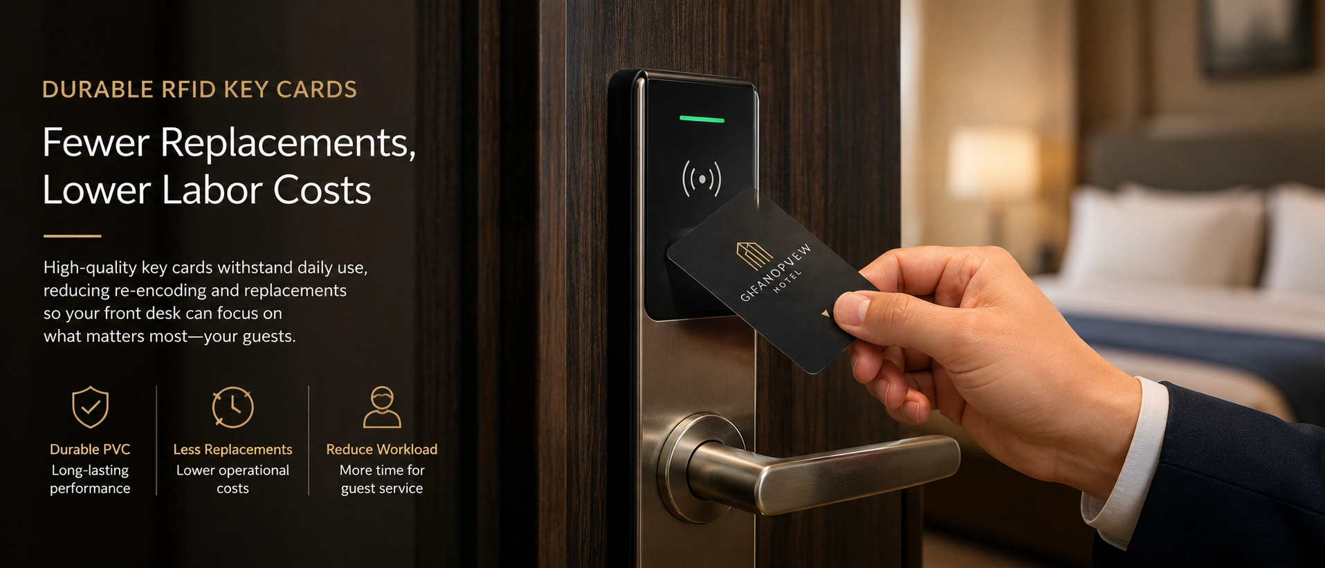 Guest hand using a durable hotel RFID key card on an electronic lock, demonstrating the importance of material quality in reducing front desk labor costs.