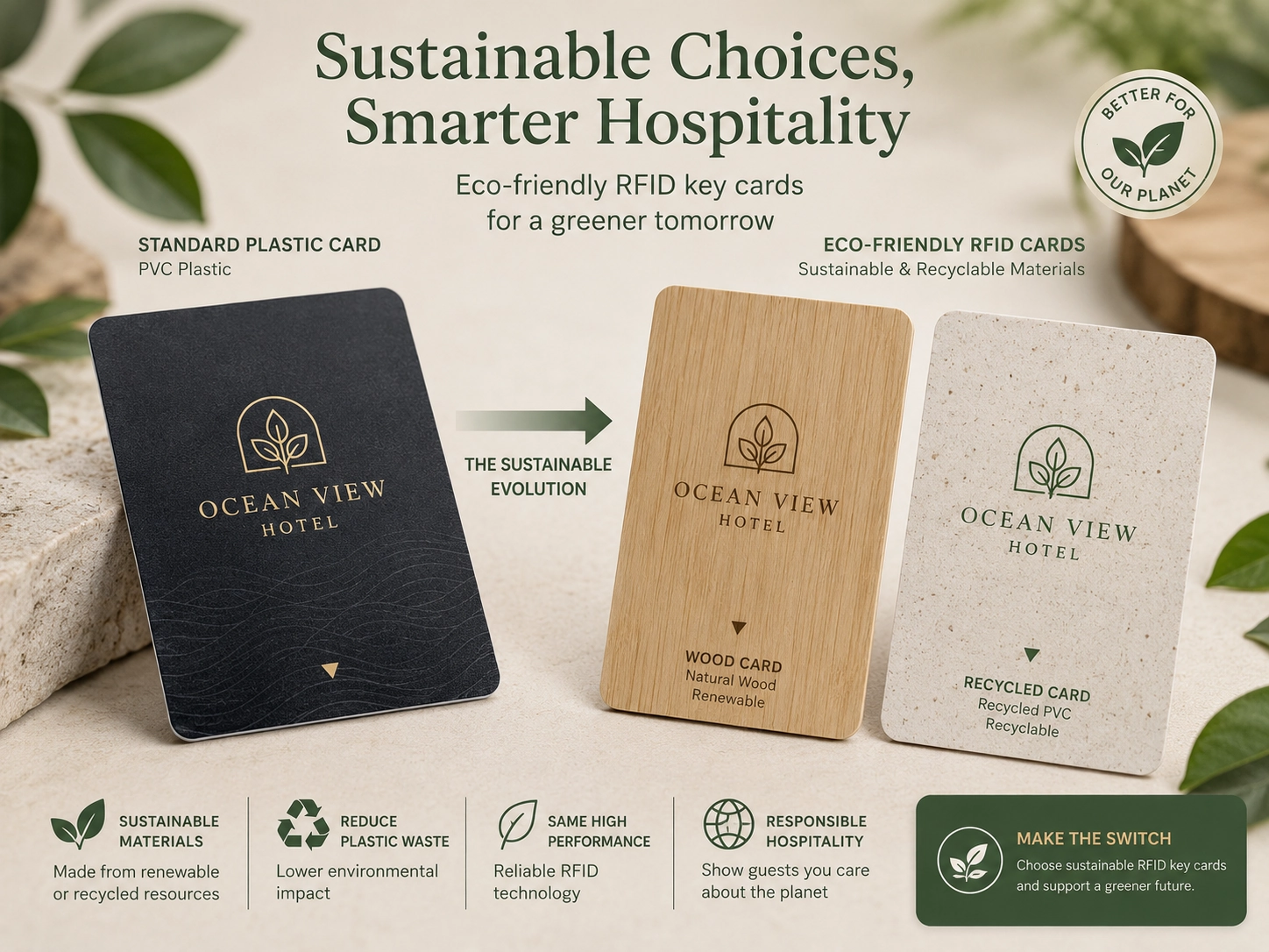 Sustainable wood and recycled RFID cards for hotels, highlighting the transition from standard plastic to eco-friendly, recyclable substrates in procurement.