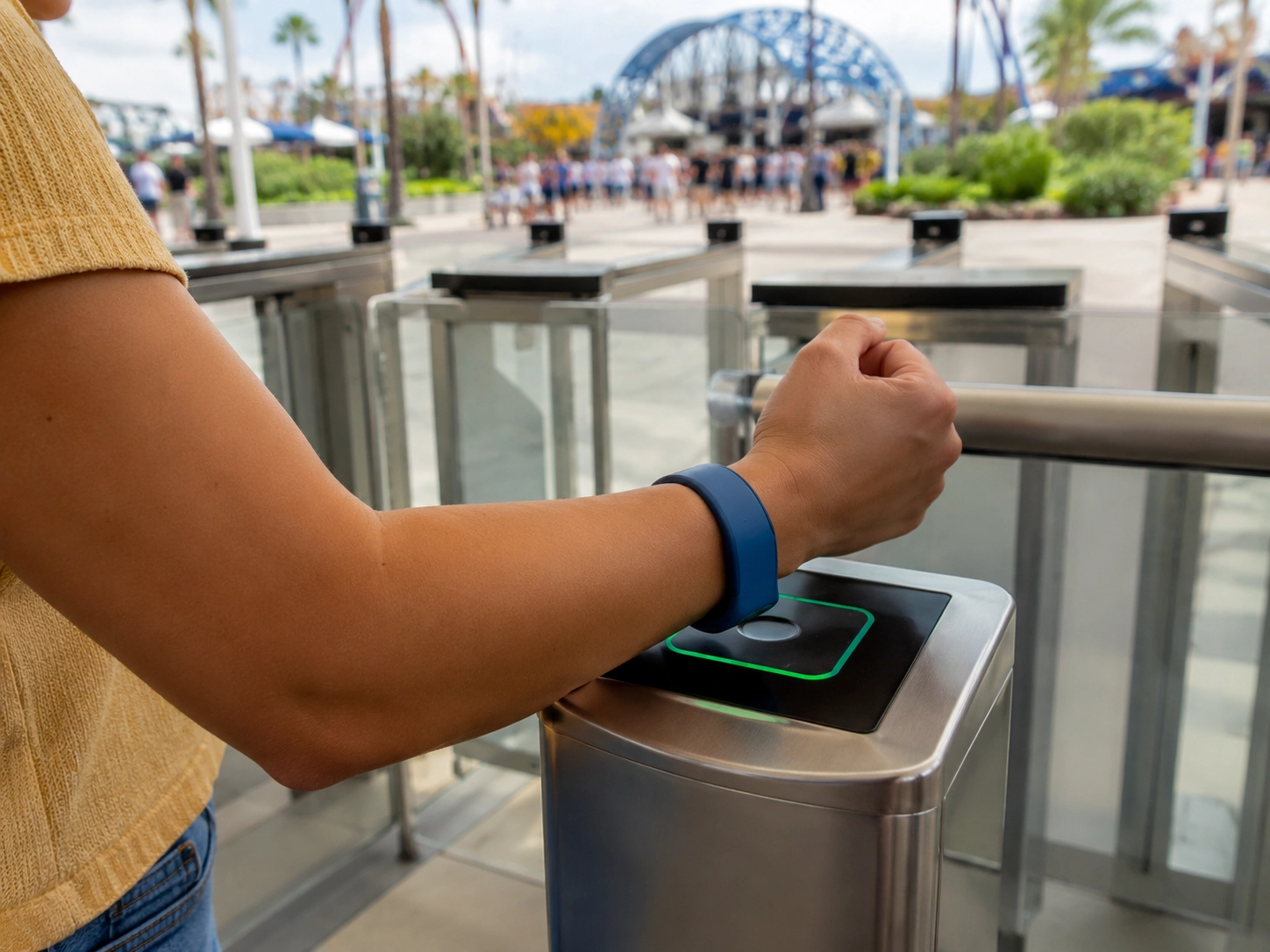Guest using an RFID wristband for tap-to-enter access at a modern theme park gate Guest using an RFID wristband for tap-to-enter access at a modern theme park gate