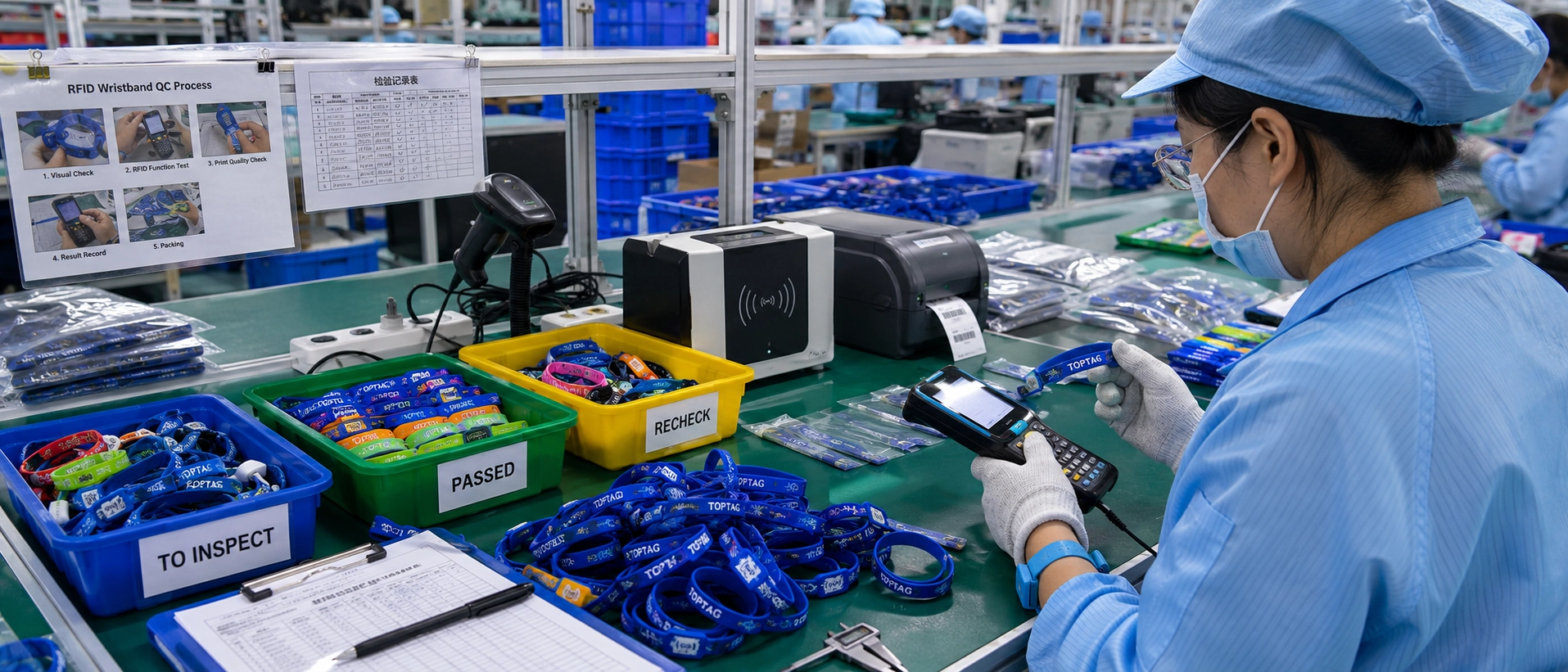 Factory production line showing quality control inspection of custom RFID wristbands Factory production line showing quality control inspection of custom RFID wristbands